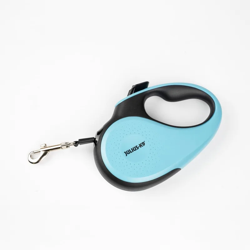Julius-K9 ▫️ Trela retrátil para cães M - Fita de 5 m, Preto/Turquesa – Pega antiderrapante, trela em fita, extensível, travão com uma só mão, pausa, bloqueio, fita refletora, sem emaranhados, de alta resistência