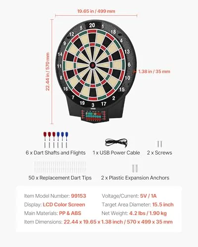 VEVOR ▫️ Diana Eletrónica 393 mm, com 43 jogos e mais de 320 variações para até 8 jogadores, 6 dardos com penas e 50 pontas de substituição, marcador LCD a cores, para se divertir em casa e em festas 7