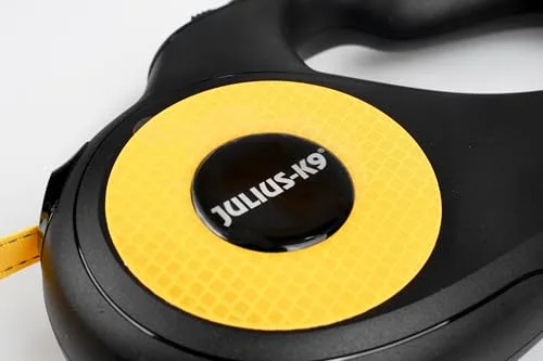 Julius-K9 ▫️ Trela retrátil para cães tamanho S – fita de 5 m, preta/laranja – pega antiderrapante, trela em fita, extensível, travão com uma só mão, pausa, bloqueio, fita refletora, não se enrola, resistente 3