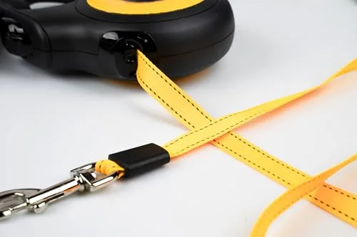 Julius-K9 ▫️ Trela retrátil para cães tamanho S – fita de 5 m, preta/laranja – pega antiderrapante, trela em fita, extensível, travão com uma só mão, pausa, bloqueio, fita refletora, não se enrola, resistente 4