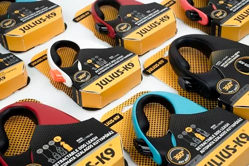 Julius-K9 ▫️ Trela retrátil para cães tamanho S – fita de 5 m, preta/laranja – pega antiderrapante, trela em fita, extensível, travão com uma só mão, pausa, bloqueio, fita refletora, não se enrola, resistente 7