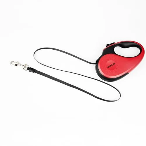 Julius-K9 ▫️ Trela retrátil para cães L - Fita de 5 m, Preto/Vermelho – Pega antiderrapante, trela em fita, extensível, travão com uma só mão, pausa, bloqueio, fita refletora, sem emaranhados, resistente 2