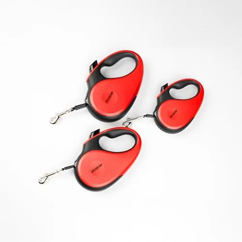 Julius-K9 ▫️ Trela retrátil para cães L - Fita de 5 m, Preto/Vermelho – Pega antiderrapante, trela em fita, extensível, travão com uma só mão, pausa, bloqueio, fita refletora, sem emaranhados, resistente 3