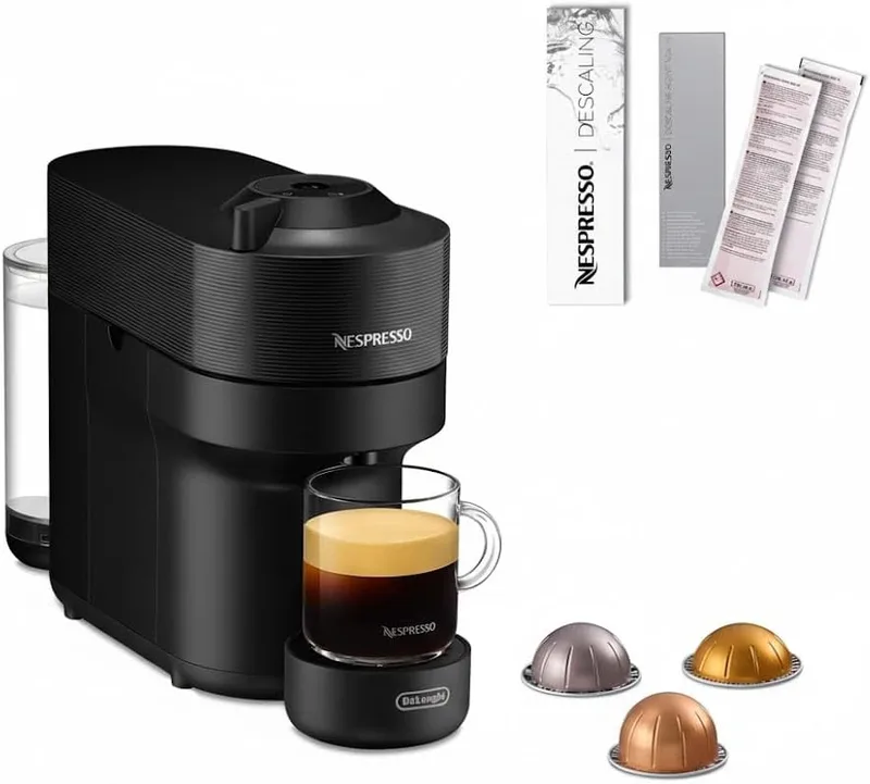 De'Longhi Nespresso Vertuo Pop ENV90.B, Máquina de café de cápsulas + Aeroccino incluído, 4 tamanhos de chávena, tecnologia de centrifugação, kit descalcificador incluído, Licorice Black