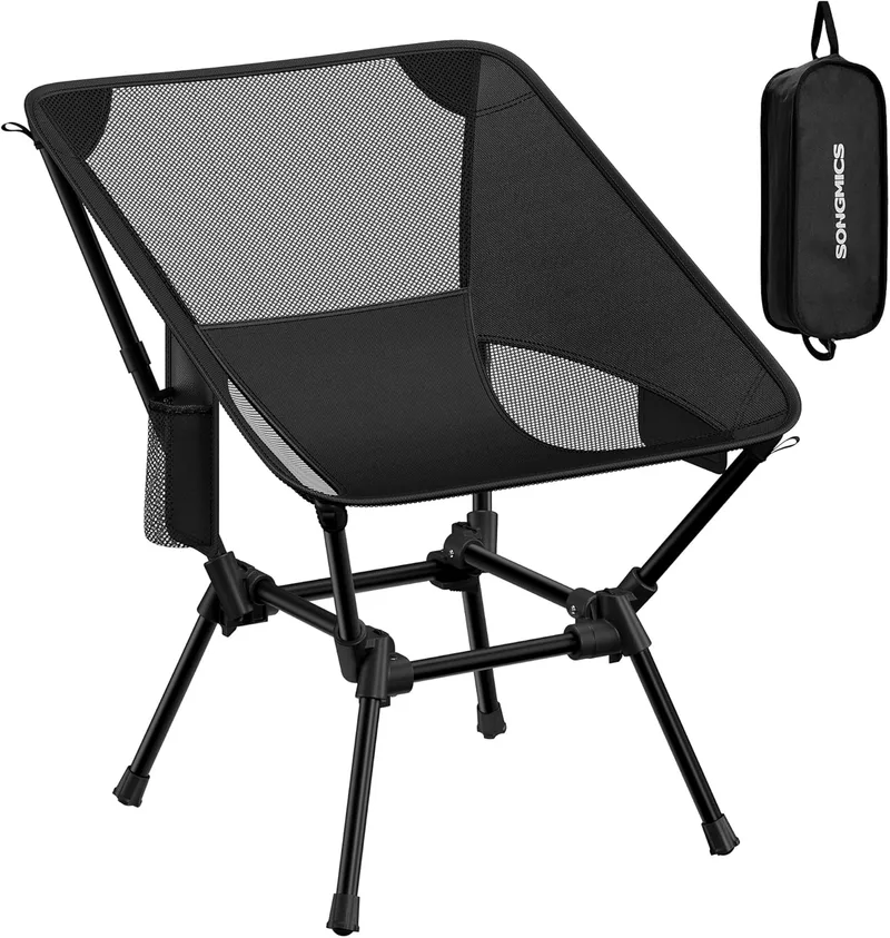 SONGMICS ▫️ Cadeira de campismo com encosto baixo, cadeira dobrável para exterior com altura ajustável, estrutura em aço, capacidade de carga de 150 kg, com 2 bolsos, para viagens, preta GCB050BZ01