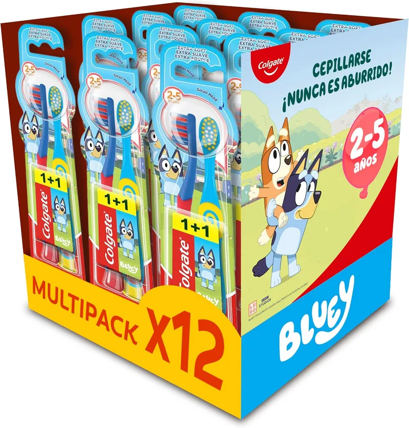 Colgate ▫️ Conjunto de 12 x 2 escovas de dentes Kids Bluey para crianças dos 2 aos 5 anos, escova de dentes infantil, cabeça pequena, cerdas extra-suaves para uma limpeza delicada, cabo redondo para uma pegada confortável