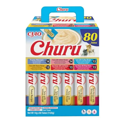 INABA ▫️ Churu Snack para Gatos, Embalagem Multipack com Sabor a Atum, 80 palitos de 14 g 2