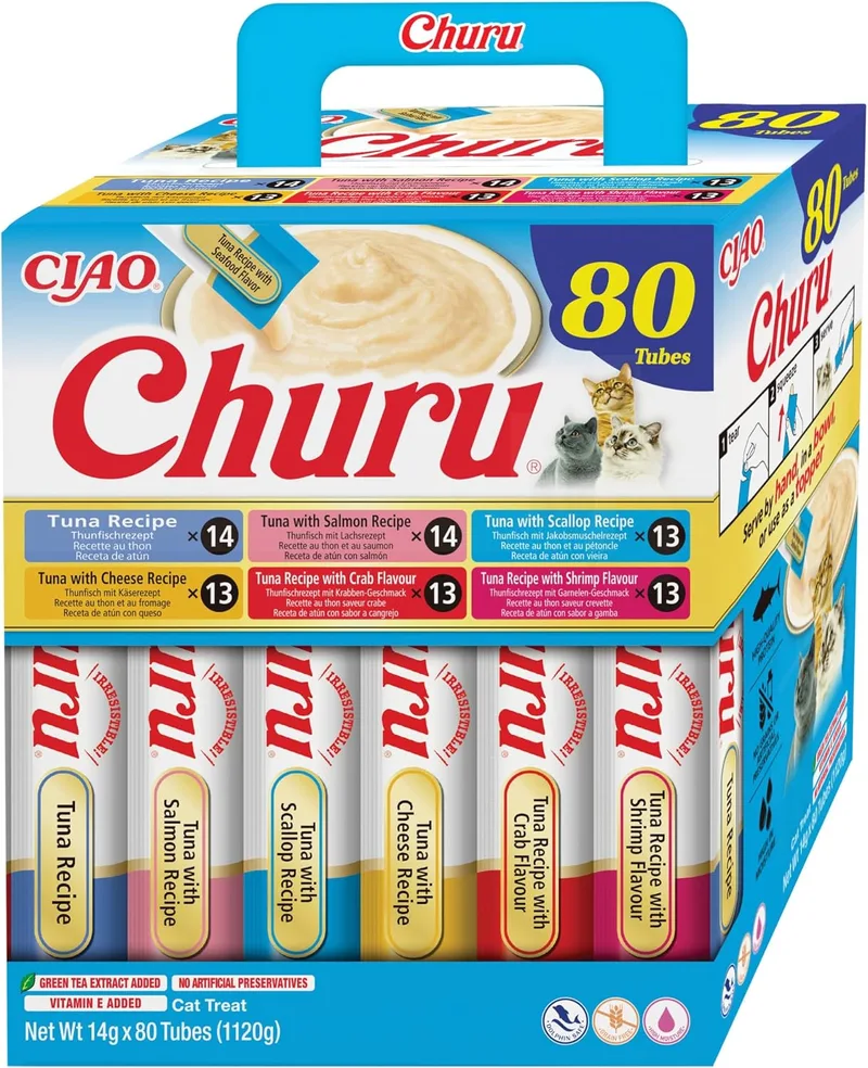 INABA ▫️ Churu Snack para Gatos, Embalagem Multipack com Sabor a Atum, 80 palitos de 14 g