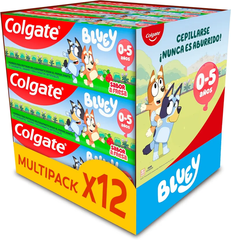 Colgate ▫️ Kids Bluey Pasta de dentes com sabor a morango 0-5 anos Embalagem 12 x 50 ml - Pasta de dentes suave para crianças para dentes de bebé - Pasta de dentes com flúor - 0% de corantes, aromatizantes e edulcorantes artificiais