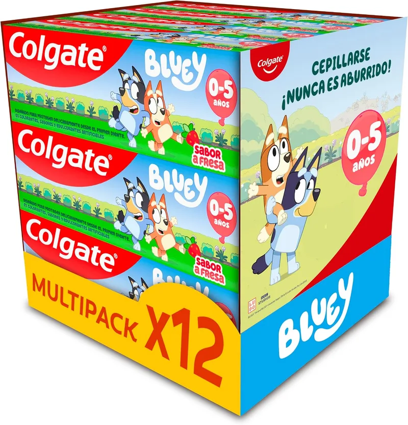 Colgate ▫️ Kids Bluey, Pasta de dentes infantil com sabor a morango, 0-5 anos, 12 x 50 ml