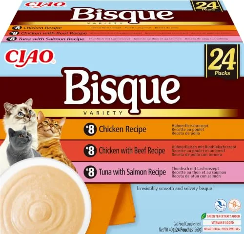 INABA ▫️ Ciao Bisque, Embalagem múltipla de frango, vitela, atum e salmão, 960 g (24 x 40 g) 2