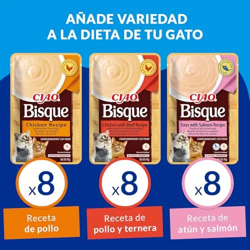 INABA ▫️ Ciao Bisque, Embalagem múltipla de frango, vitela, atum e salmão, 960 g (24 x 40 g) 4