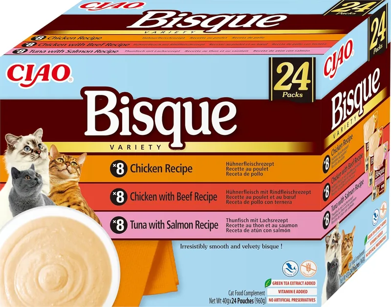 INABA ▫️ Ciao Bisque, Embalagem múltipla de frango, vitela, atum e salmão, 960 g (24 x 40 g)