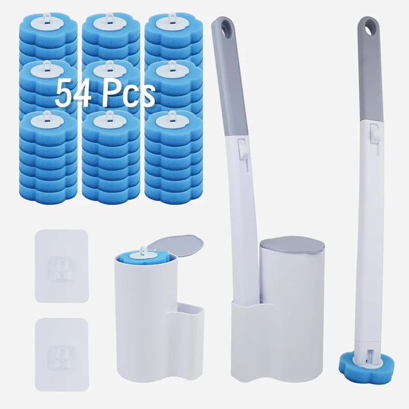 lompyeu ▫️ Escovas de sanita descartáveis, com 54 recargas de detergente e 2 escovas de sanita de parede com cabo longo, acessórios de casa de banho para piscina, esfregona, lavatório