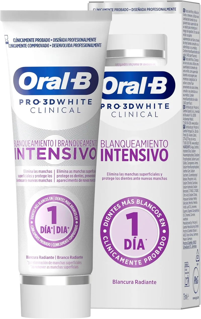 Oral-B ▫️ Pro 3D White Clinical Intensive Whitening Pasta de dentes branqueadora, remove as manchas superficiais, pasta de dentes branqueadora com sabor a menta verde, 75ml