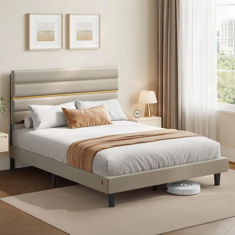 VASAGLE ▫️ M Estrutura de cama de casal, estrutura para colchão de 160 x 200 cm, cabeceira acolchoada ajustável, metal e madeira, estilo moderno, bege cappuccino RMB505LH01