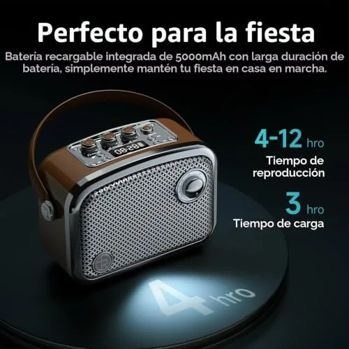 TOMPROAD ▫️ Altifalante Bluetooth portátil de estilo vintage, castanho, design retro com grelha metálica, formato quadrado compacto (Castanho) 3