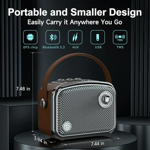 TOMPROAD ▫️ Altifalante Bluetooth portátil de estilo vintage, castanho, design retro com grelha metálica, formato quadrado compacto (Castanho) 4