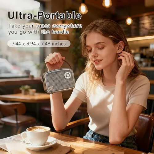 TOMPROAD ▫️ Altifalante Bluetooth portátil de estilo vintage, castanho, design retro com grelha metálica, formato quadrado compacto (Castanho) 6