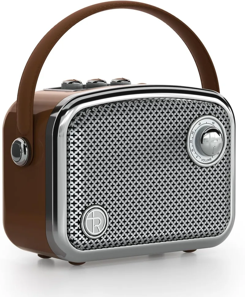 TOMPROAD ▫️ Altifalante Bluetooth portátil de estilo vintage, castanho, design retro com grelha metálica, formato quadrado compacto (Castanho)