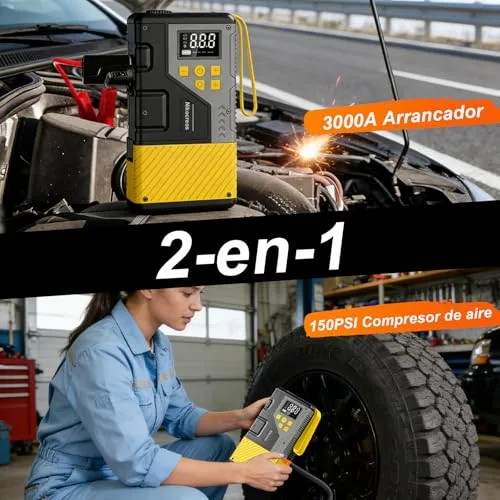 Nikocreos ▫️ Arrancador portátil para automóveis com compressor de ar para emergências, 3000 A de pico e 150 PSI de pressão máxima, para motores a gasolina de 12 L e a gasóleo de 10 L, ecrã LCD, luz LED (amarela) 2