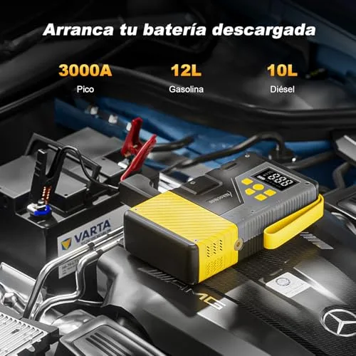 Nikocreos ▫️ Arrancador portátil para automóveis com compressor de ar para emergências, 3000 A de pico e 150 PSI de pressão máxima, para motores a gasolina de 12 L e a gasóleo de 10 L, ecrã LCD, luz LED (amarela) 3