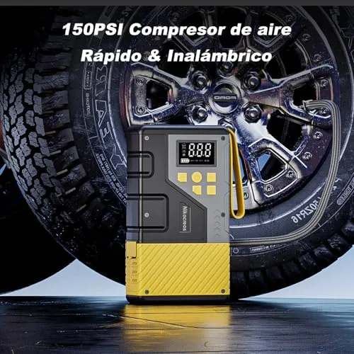 Nikocreos ▫️ Arrancador portátil para automóveis com compressor de ar para emergências, 3000 A de pico e 150 PSI de pressão máxima, para motores a gasolina de 12 L e a gasóleo de 10 L, ecrã LCD, luz LED (amarela) 4