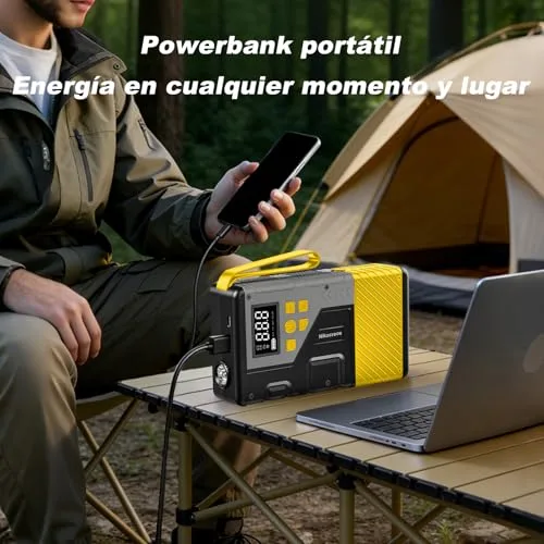 Nikocreos ▫️ Arrancador portátil para automóveis com compressor de ar para emergências, 3000 A de pico e 150 PSI de pressão máxima, para motores a gasolina de 12 L e a gasóleo de 10 L, ecrã LCD, luz LED (amarela) 5