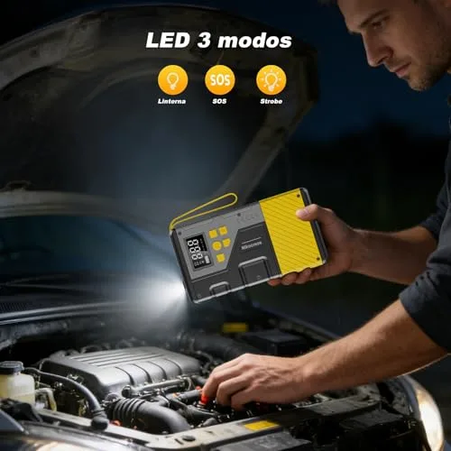 Nikocreos ▫️ Arrancador portátil para automóveis com compressor de ar para emergências, 3000 A de pico e 150 PSI de pressão máxima, para motores a gasolina de 12 L e a gasóleo de 10 L, ecrã LCD, luz LED (amarela) 6