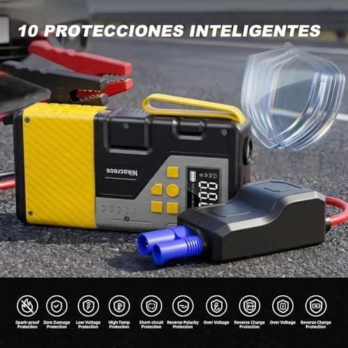 Nikocreos ▫️ Arrancador portátil para automóveis com compressor de ar para emergências, 3000 A de pico e 150 PSI de pressão máxima, para motores a gasolina de 12 L e a gasóleo de 10 L, ecrã LCD, luz LED (amarela) 7