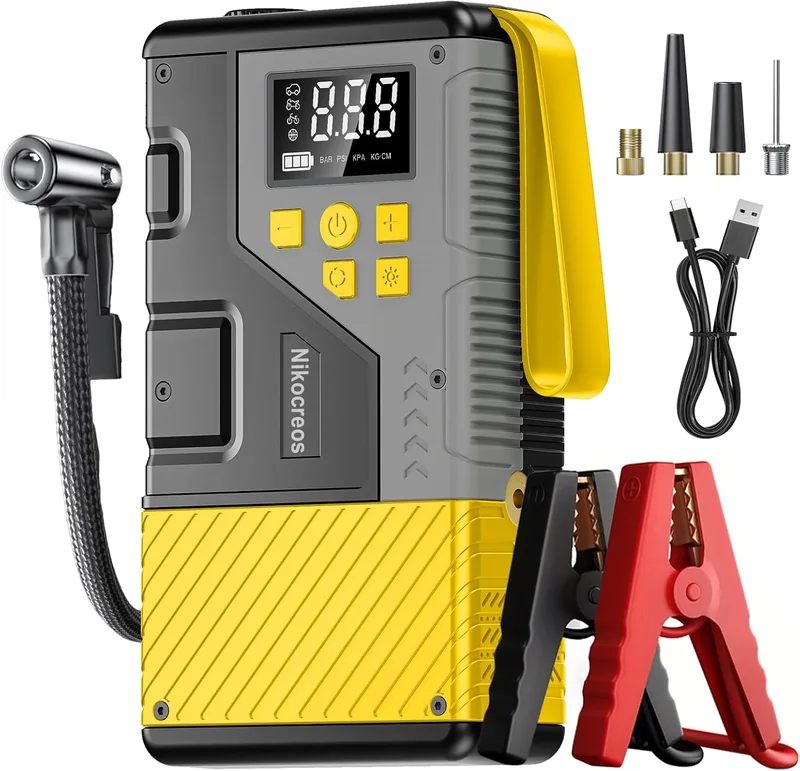 Nikocreos ▫️ Arrancador portátil para automóveis com compressor de ar para emergências, 3000 A de pico e 150 PSI de pressão máxima, para motores a gasolina de 12 L e a gasóleo de 10 L, ecrã LCD, luz LED (amarela)
