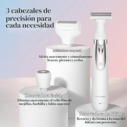 BARBERBOSS ▫️ Máquina de barbear elétrica para mulher, máquina de barbear portátil 3 em 1 para mulher, máquina de barbear para o corpo, zona do biquíni e rosto, máquina de barbear sem fios, depiladora facial, QR-8003 3