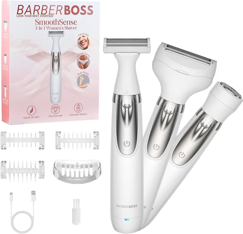 BARBERBOSS ▫️ Máquina de barbear eléctrica para mulher, máquina de barbear portátil 3 em 1 para mulher, máquina de barbear para o corpo, biquíni e rosto, máquina de barbear sem fios, depiladora facial QR-8003