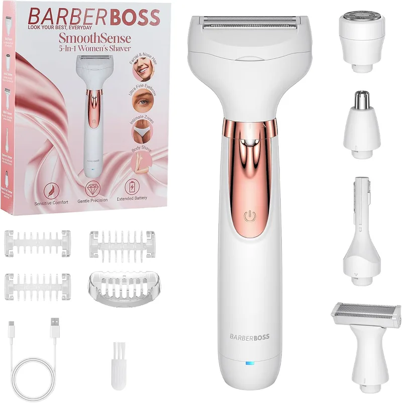 BARBERBOSS ▫️ Máquina de barbear elétrica 5 em 1 para mulher, Kit de depilação recarregável, máquina de barbear feminina para o corpo, zona do biquíni, rosto, nariz e sobrancelhas, máquina de barbear sem fios para mulheres, para uso a seco e molhado, QR-8005