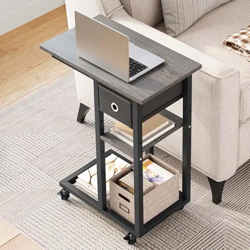 YITAHOME ▫️ Mesa auxiliar em forma de C, mesa auxiliar para sofá com cesto e rodas, mesa de café para computador portátil, para sala de estar, quarto, cinzenta 2