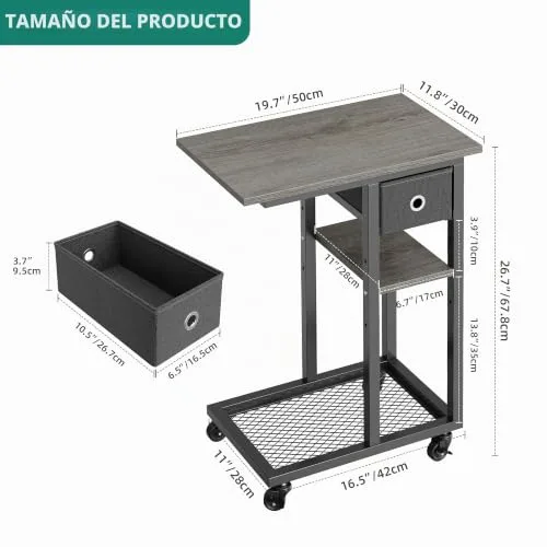 YITAHOME ▫️ Mesa auxiliar em forma de C, mesa auxiliar para sofá com cesto e rodas, mesa de café para computador portátil, para sala de estar, quarto, cinzenta 3