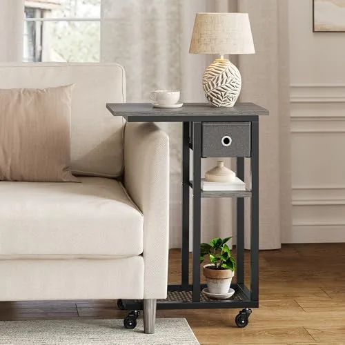 YITAHOME ▫️ Mesa auxiliar em forma de C, mesa auxiliar para sofá com cesto e rodas, mesa de café para computador portátil, para sala de estar, quarto, cinzenta 4