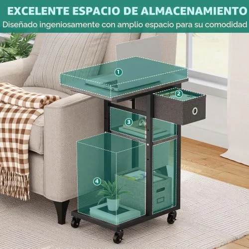 YITAHOME ▫️ Mesa auxiliar em forma de C, mesa auxiliar para sofá com cesto e rodas, mesa de café para computador portátil, para sala de estar, quarto, cinzenta 5