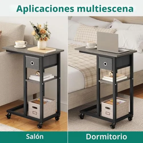 YITAHOME ▫️ Mesa auxiliar em forma de C, mesa auxiliar para sofá com cesto e rodas, mesa de café para computador portátil, para sala de estar, quarto, cinzenta 6