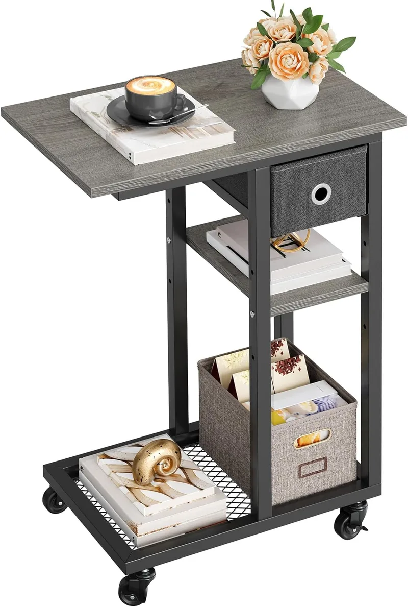 YITAHOME ▫️ Mesa auxiliar em forma de C, mesa auxiliar para sofá com cesto e rodas, mesa de café para computador portátil, para sala de estar, quarto, cinzenta