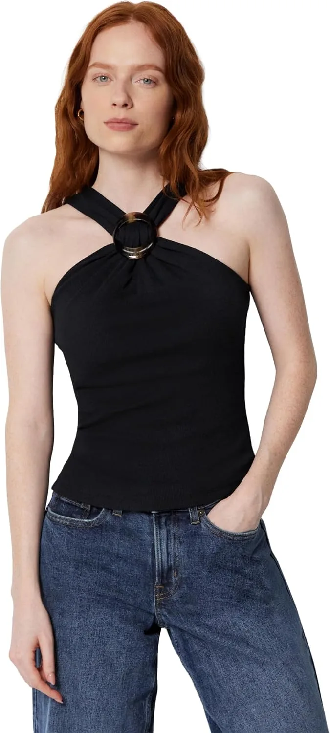 Amazon Essentials ▫️ Top justo com decote halter canelado e detalhe em resina para mulher