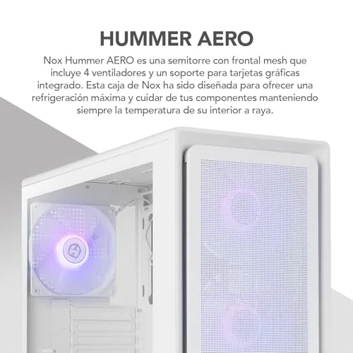 NOX XTREME PRODUCTS ▫️ Hummer Aero – Semitorre ATX | M-ATX | ITX. Inclui 4 ventoinhas ARGB PWM de 140 mm, painel frontal em malha, painel lateral em vidro temperado, USB-C e USB 3.0, suporte para GPU de 420 mm, filtro magnético, branco 2