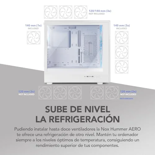 NOX XTREME PRODUCTS ▫️ Hummer Aero – Semitorre ATX | M-ATX | ITX. Inclui 4 ventoinhas ARGB PWM de 140 mm, painel frontal em malha, painel lateral em vidro temperado, USB-C e USB 3.0, suporte para GPU de 420 mm, filtro magnético, branco 6
