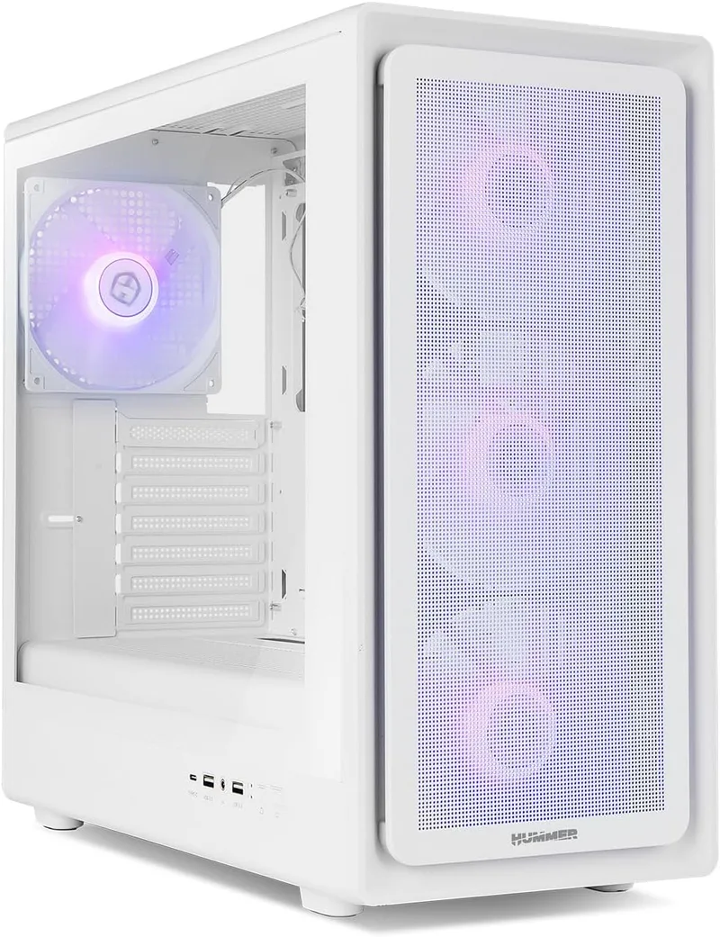 NOX XTREME PRODUCTS ▫️ Hummer Aero – Semitorre ATX | M-ATX | ITX. Inclui 4 ventoinhas ARGB PWM de 140 mm, painel frontal em malha, painel lateral em vidro temperado, USB-C e USB 3.0, suporte para GPU de 420 mm, filtro magnético, branco
