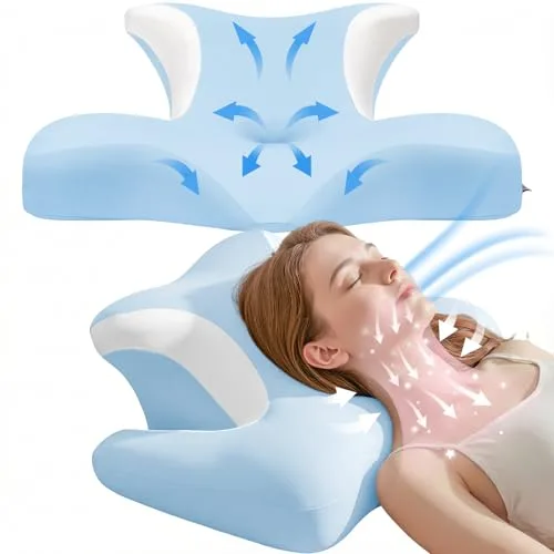 COSYLAND ▫️ Almofada Cervical e para o Pescoço - Ergonómica para dormir de lado, de barriga para cima ou para baixo, espuma viscoelástica, design com espaço para as orelhas e os braços, capa respirável, 64×48×24 cm, azul-celeste 2