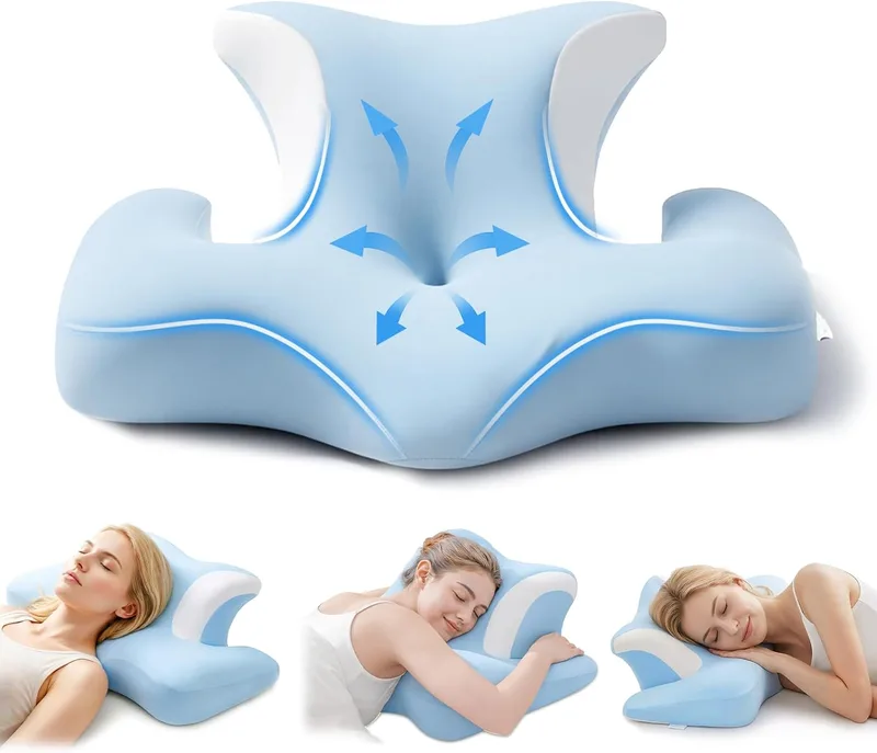 COSYLAND ▫️ Almofada Cervical e para o Pescoço - Ergonómica para dormir de lado, de barriga para cima ou para baixo, espuma viscoelástica, design com espaço para as orelhas e os braços, capa respirável, 64×48×24 cm, azul-celeste