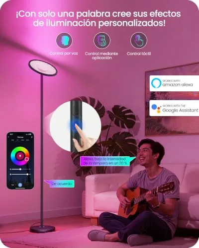 GOEBLESON ▫️ Candeeiro de pé RGB com controlo por aplicação e voz, compatível com Alexa, sincronização musical, temporizador, candeeiro de pé LED inteligente, 30 W, intensidade de luz de 10 a 100%, para sala de estar, preto 2