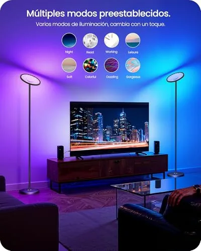 GOEBLESON ▫️ Candeeiro de pé RGB com controlo por aplicação e voz, compatível com Alexa, sincronização musical, temporizador, candeeiro de pé LED inteligente, 30 W, intensidade de luz de 10 a 100%, para sala de estar, preto 4
