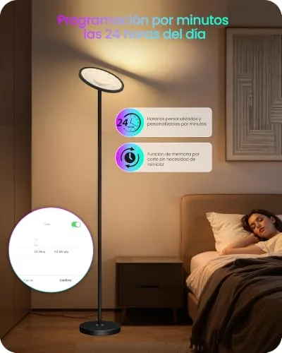 GOEBLESON ▫️ Candeeiro de pé RGB com controlo por aplicação e voz, compatível com Alexa, sincronização musical, temporizador, candeeiro de pé LED inteligente, 30 W, intensidade de luz de 10 a 100%, para sala de estar, preto 6