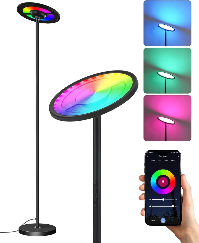 GOEBLESON ▫️ Candeeiro de pé RGB com controlo por aplicação e voz, compatível com Alexa, sincronização musical, temporizador, candeeiro de pé LED inteligente, 30 W, intensidade de luz de 10 a 100%, para sala de estar, preto